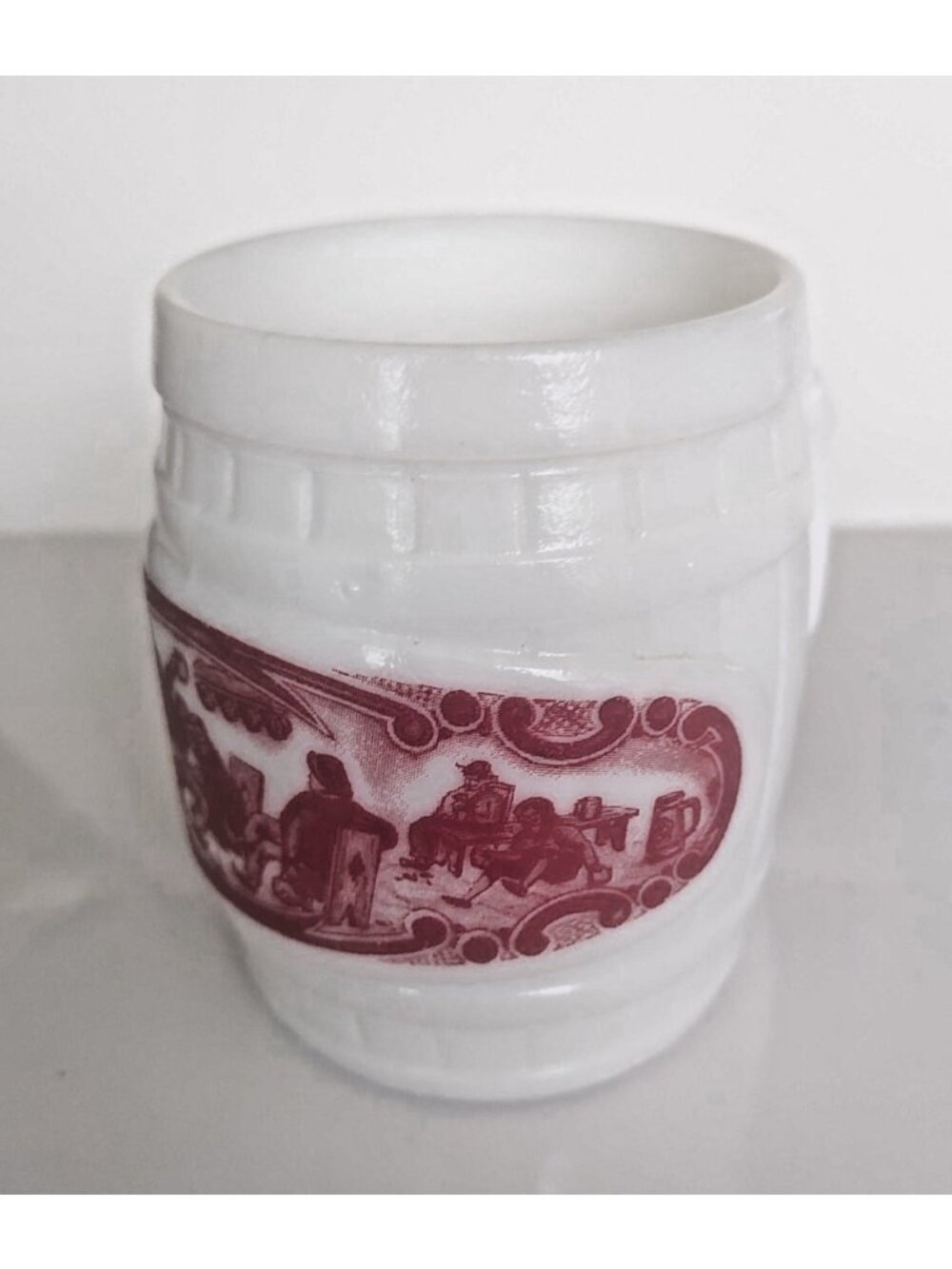 Vintage Milk Glass Beer Mug Barrel design with dinking scene Hazel Atlas 1950's